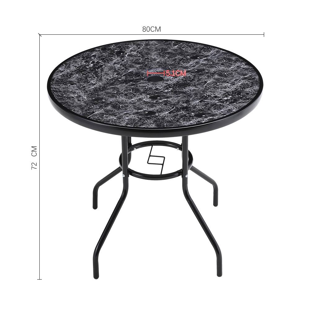 Round Garden Tempered Glass Black Marble Coffee Table - 80cm Dia X 72cm