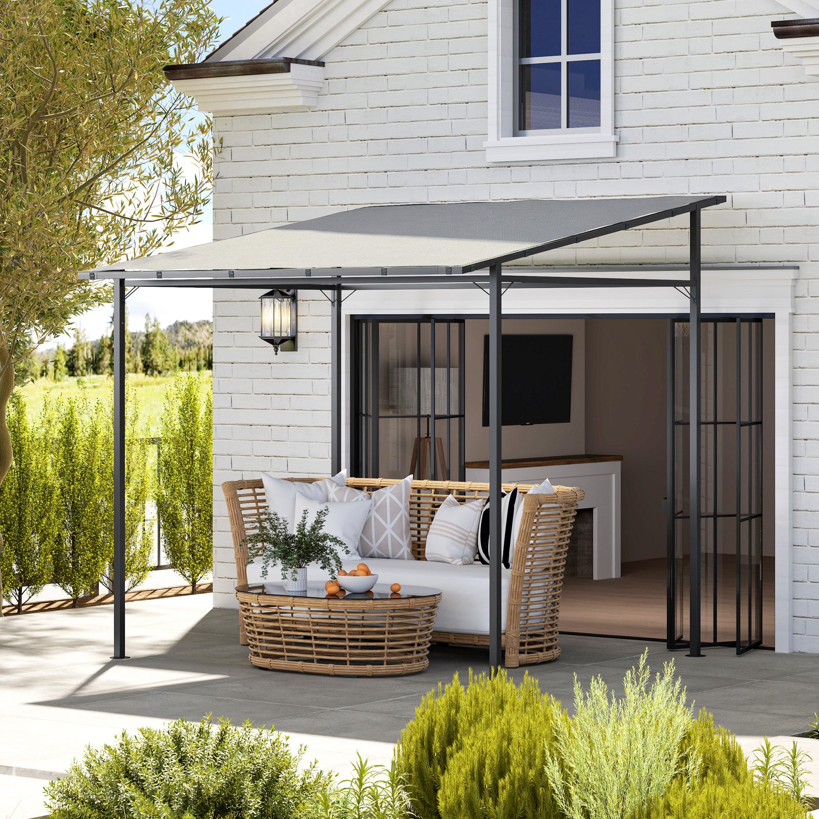 2.4 X 2.4 M Wall Mounted Pergola Gazebo, Upf30+ | Light Grey