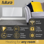 Electric Wifi Glass Radiator Panel Heater White Wall Mounted Or Floor Standing Bathroom Safe Timer And Thermostat | 2000w | White