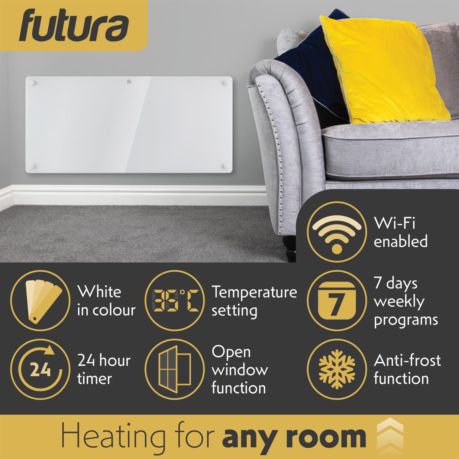 Electric Wifi Glass Radiator Panel Heater White Wall Mounted Or Floor Standing Bathroom Safe Timer And Thermostat | 2000w | White