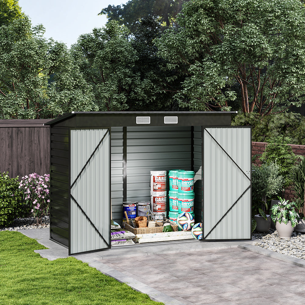 4x8ft Outdoor Storage Shed – Galvanized Steel Garden Shed Lockable With Double Doors & 2 Vents