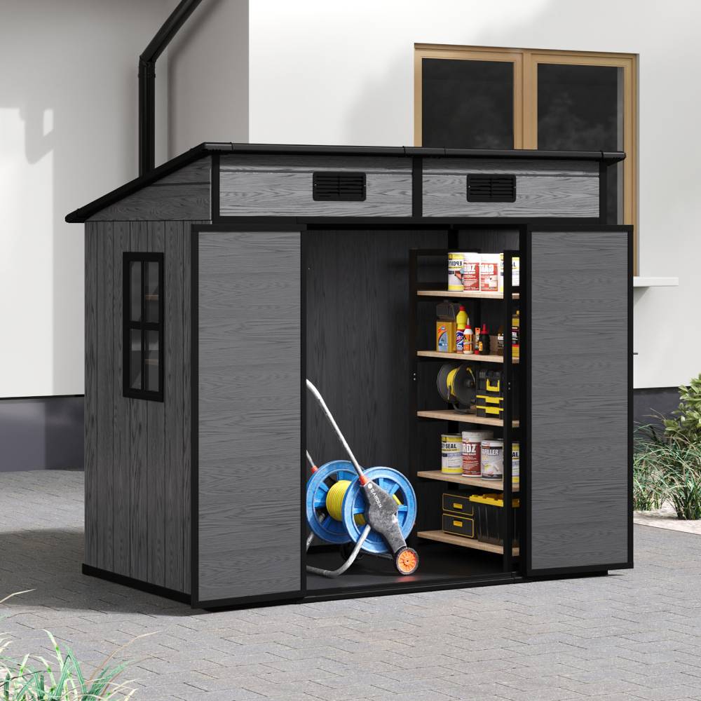 6x4ft Outdoor Plastic Storage Shed With Floor, Window, 2 Vents & Double Lockable Doors,wood Grain Design