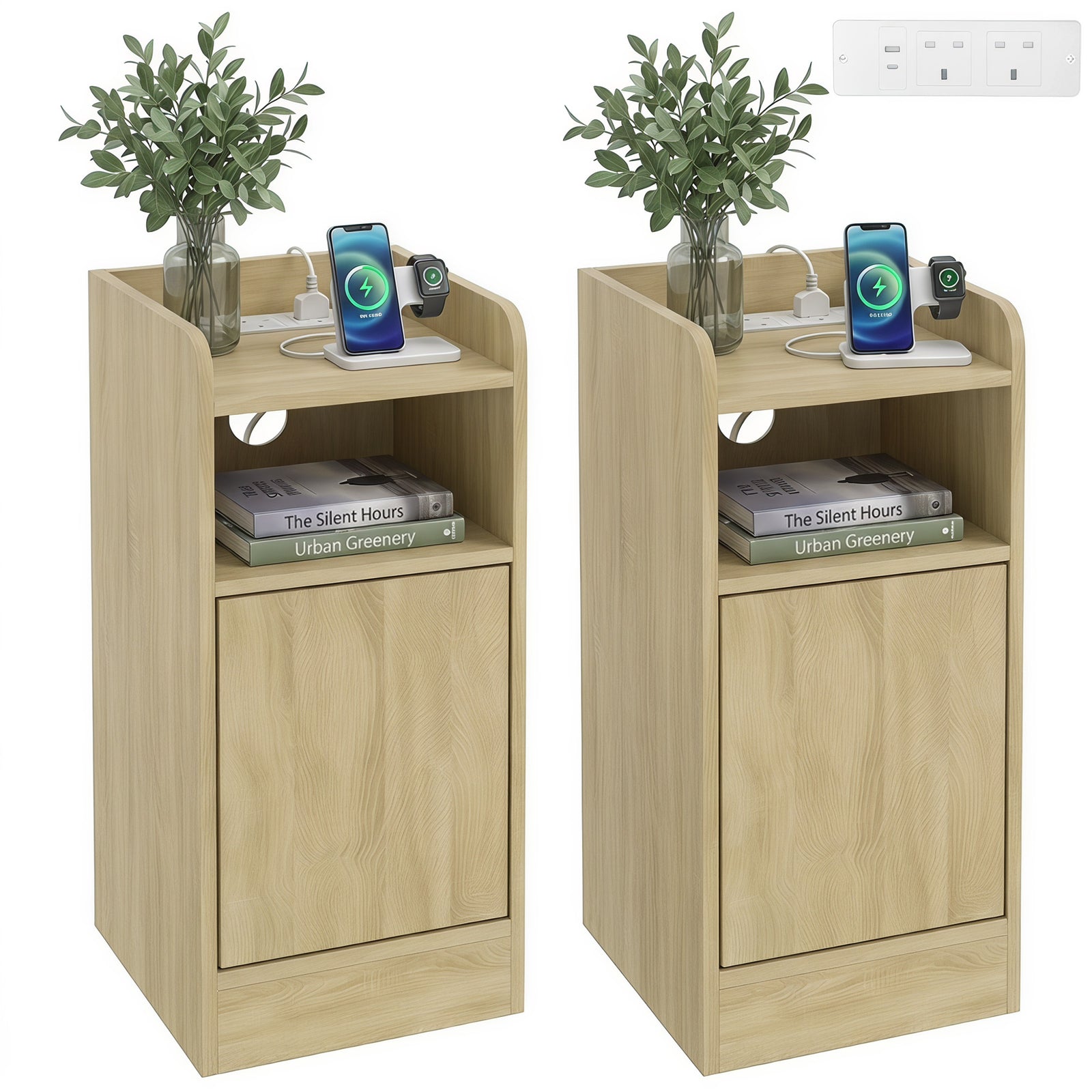 Slim Bedside Table Set Of 2 With Charging Station | Oak