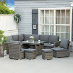 Sofa Sectional W/ Cushioned Seat, Footstools And Glass Table | Gray