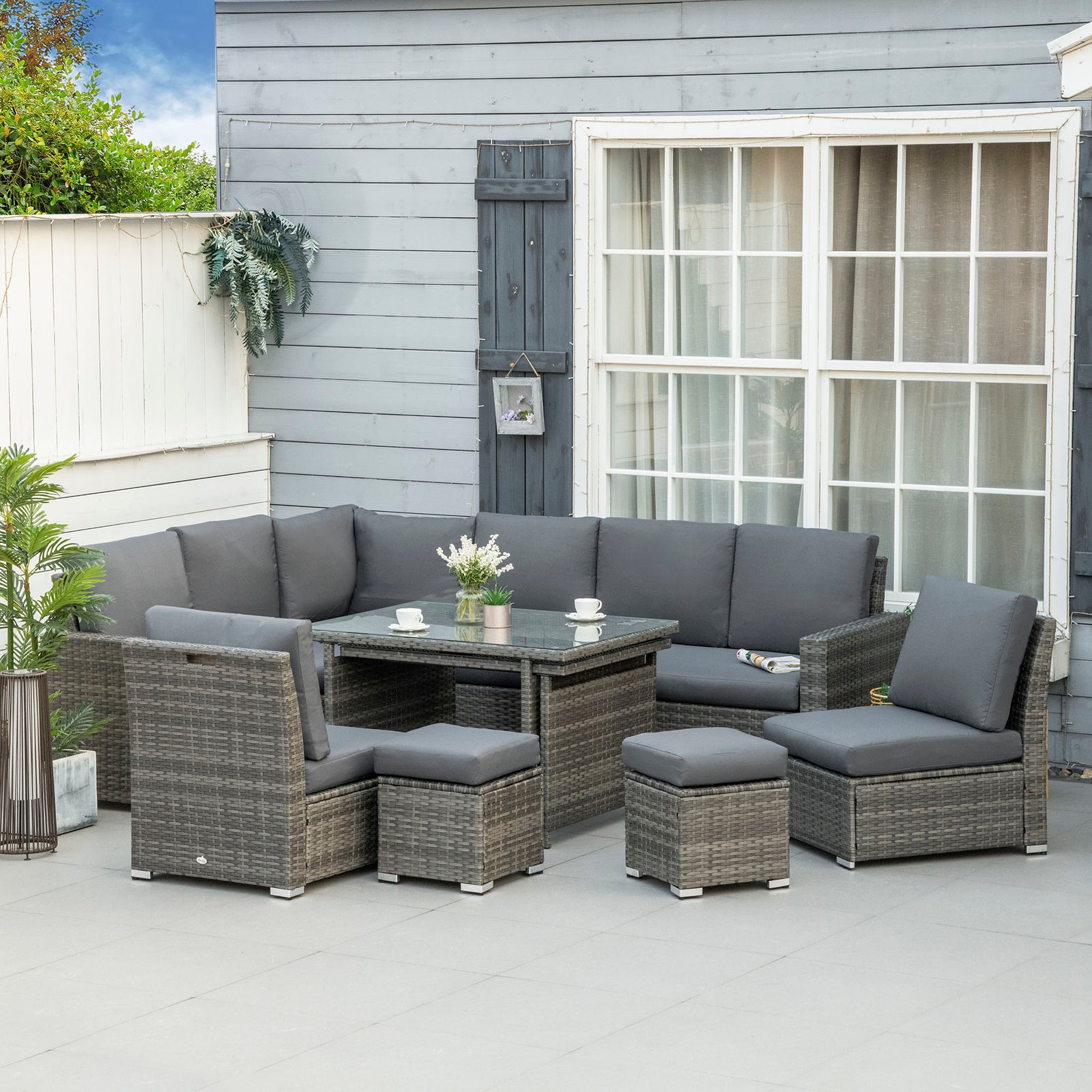 Sofa Sectional W/ Cushioned Seat, Footstools And Glass Table | Gray