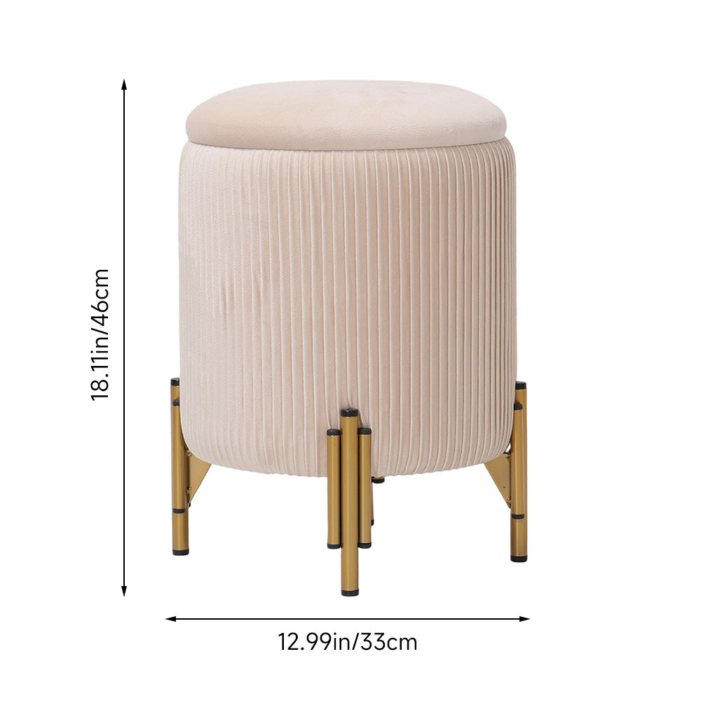 Modern Round Pleated Storage Ottoman With Metal Legs 33cm Dia X 46cm H | Beige