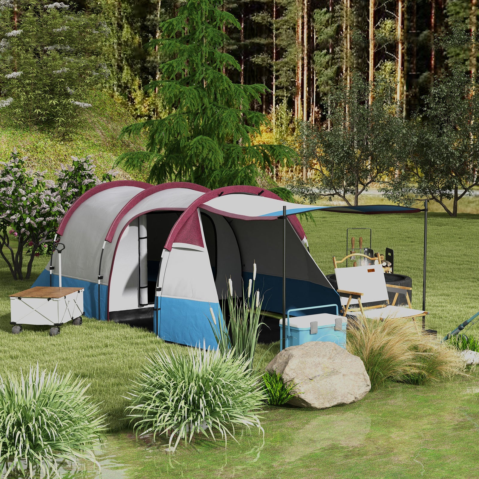 2-3 Man Camping Tunnel Tent W/ Bedroom And Living Room
