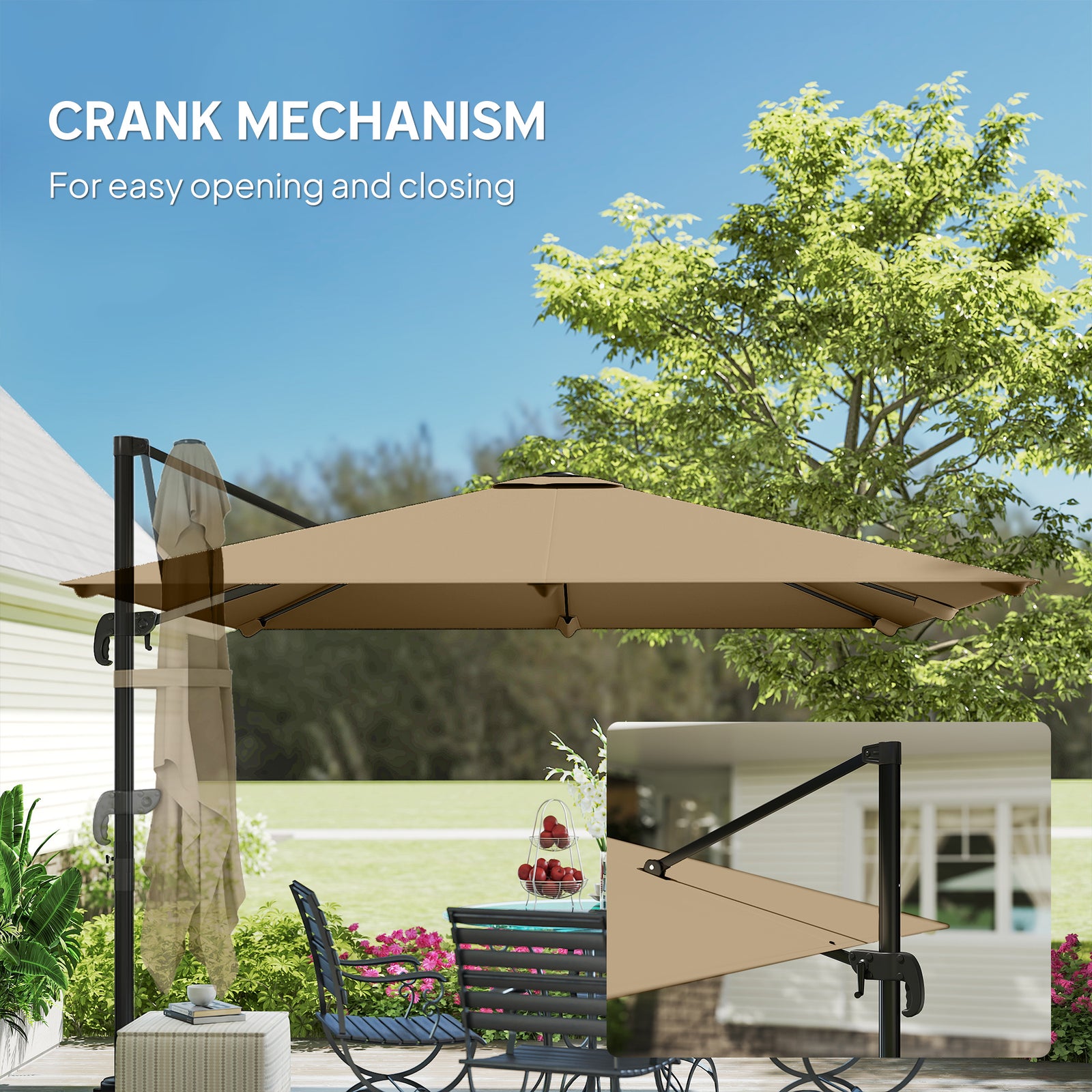 3 X 3 M Cantilever Parasol, Square Patio Umbrella With Crank Handle | Khaki