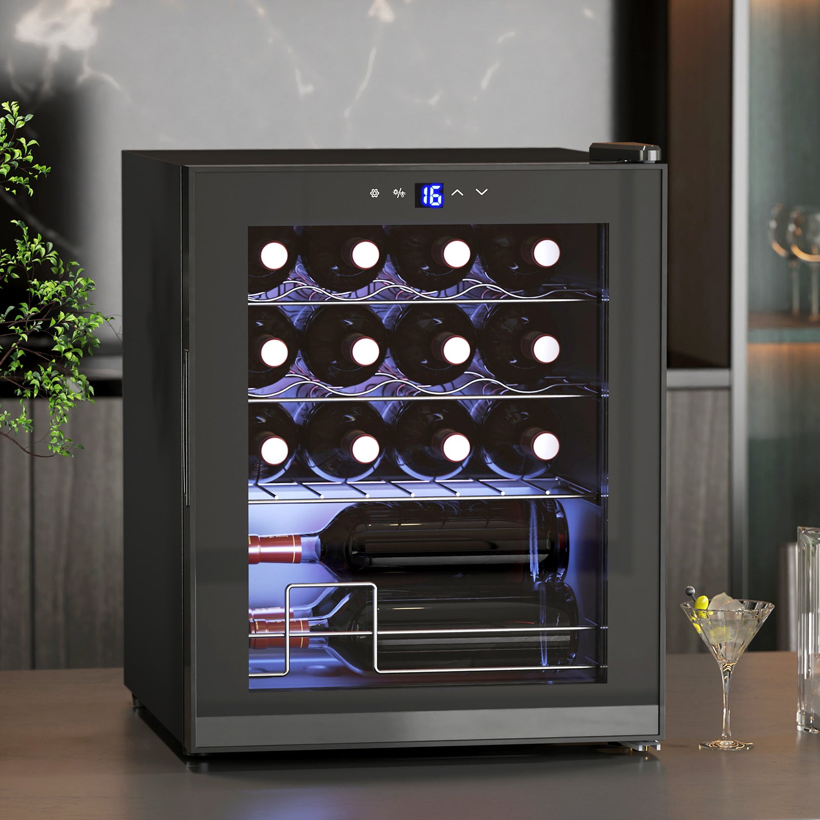 16 Bottle Wine Cooler With Adjustable Temperature Control, Black