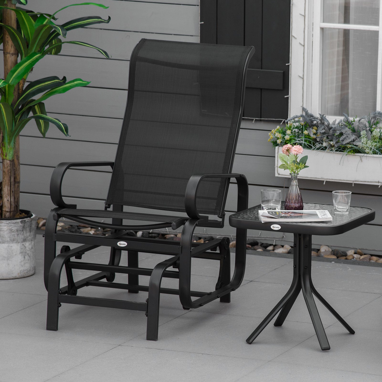 Outdoor Gliding Rocking Chair With Metal Frame For Patio | Black