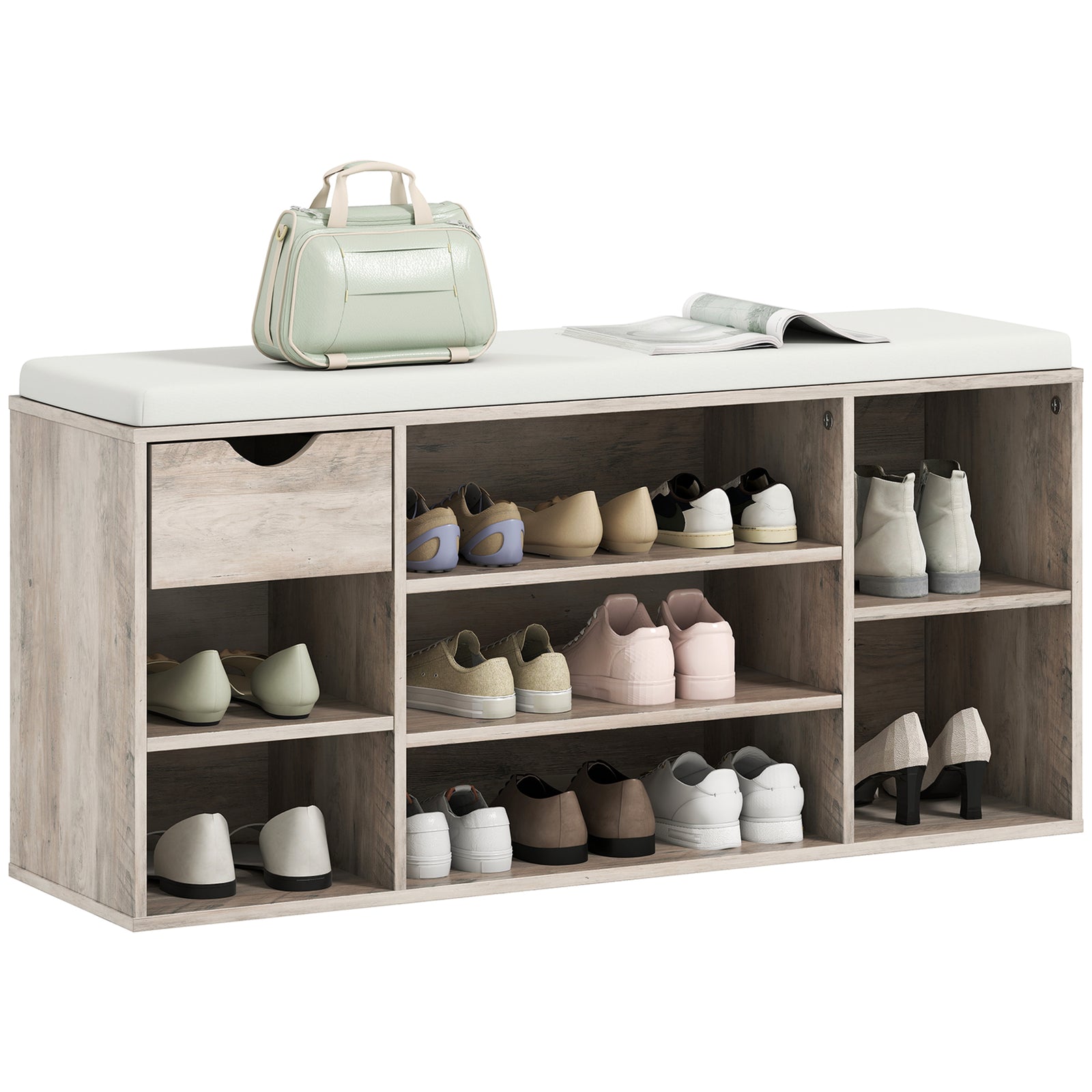 Shoe Storage Cabinet Bench W/ Cushion Adjustable Shelves Grey
