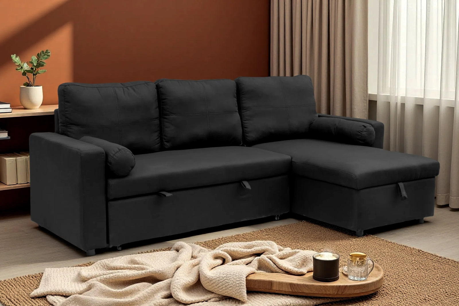 Manhattan 3 Seat Corner Sofa Bed Set - Left Or Right | Black