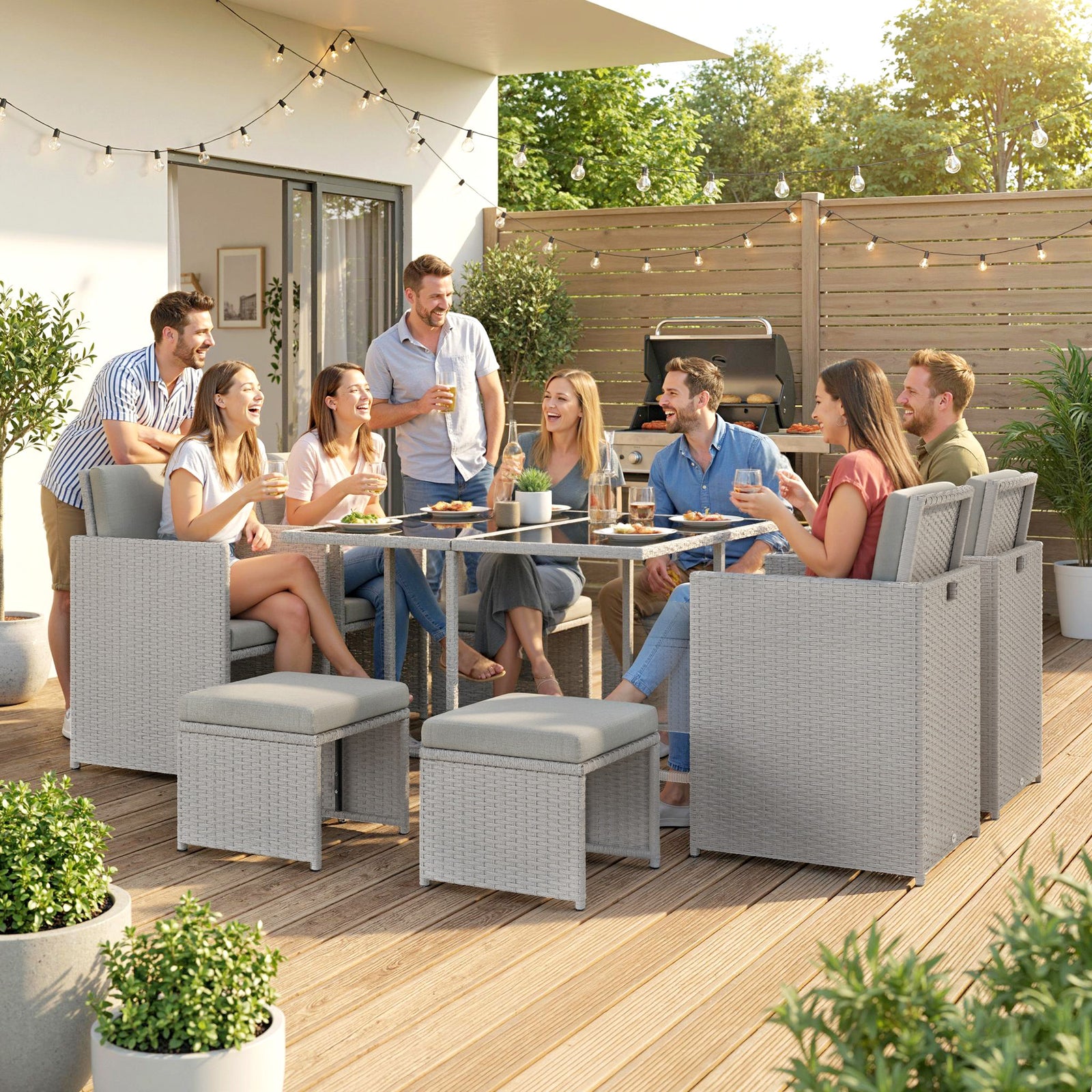 8 Seater Cube Rattan Garden Dining Set With Cushions | Light Grey