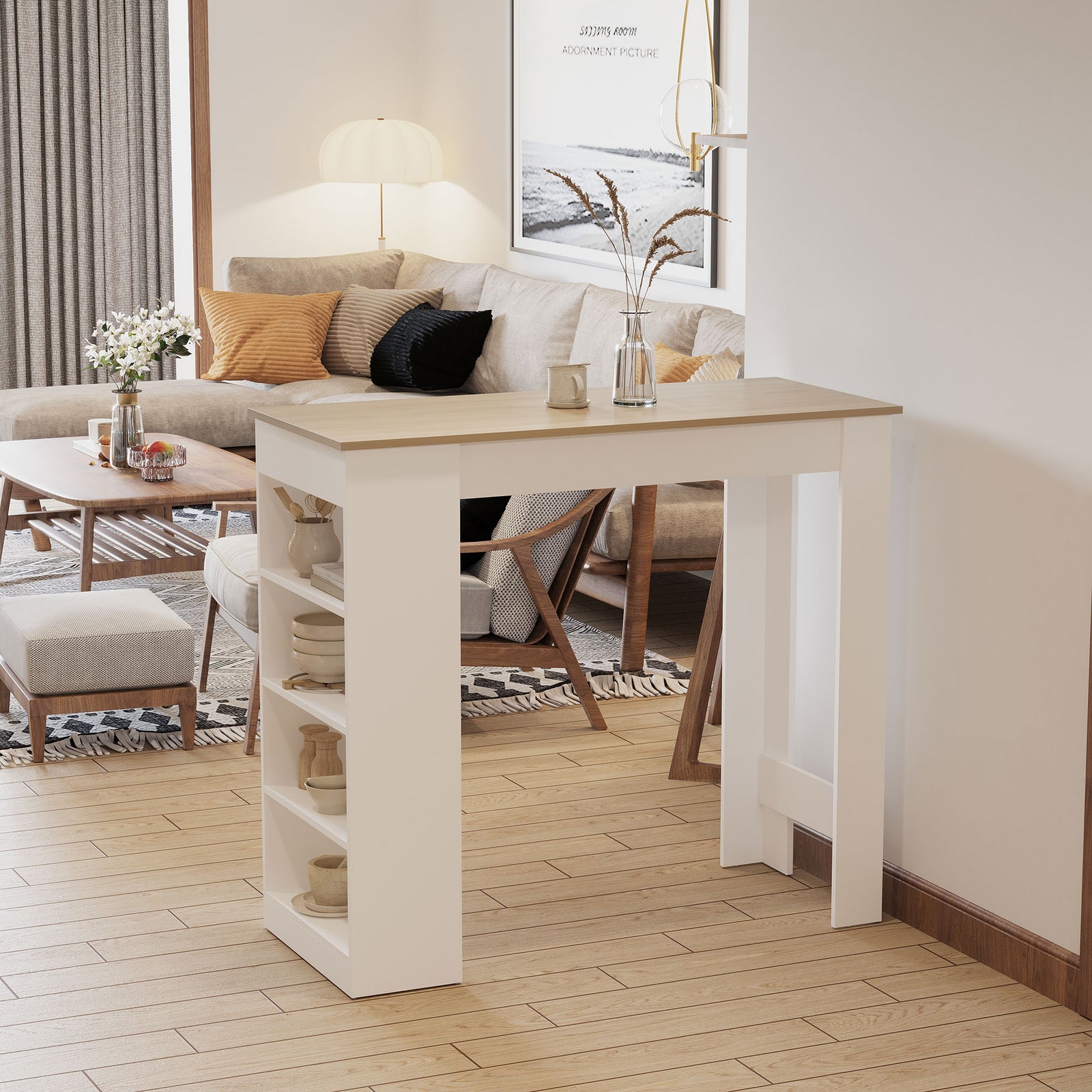 Table Kitchen Dining Table W/ 3-tier Storage Shelf | Beige