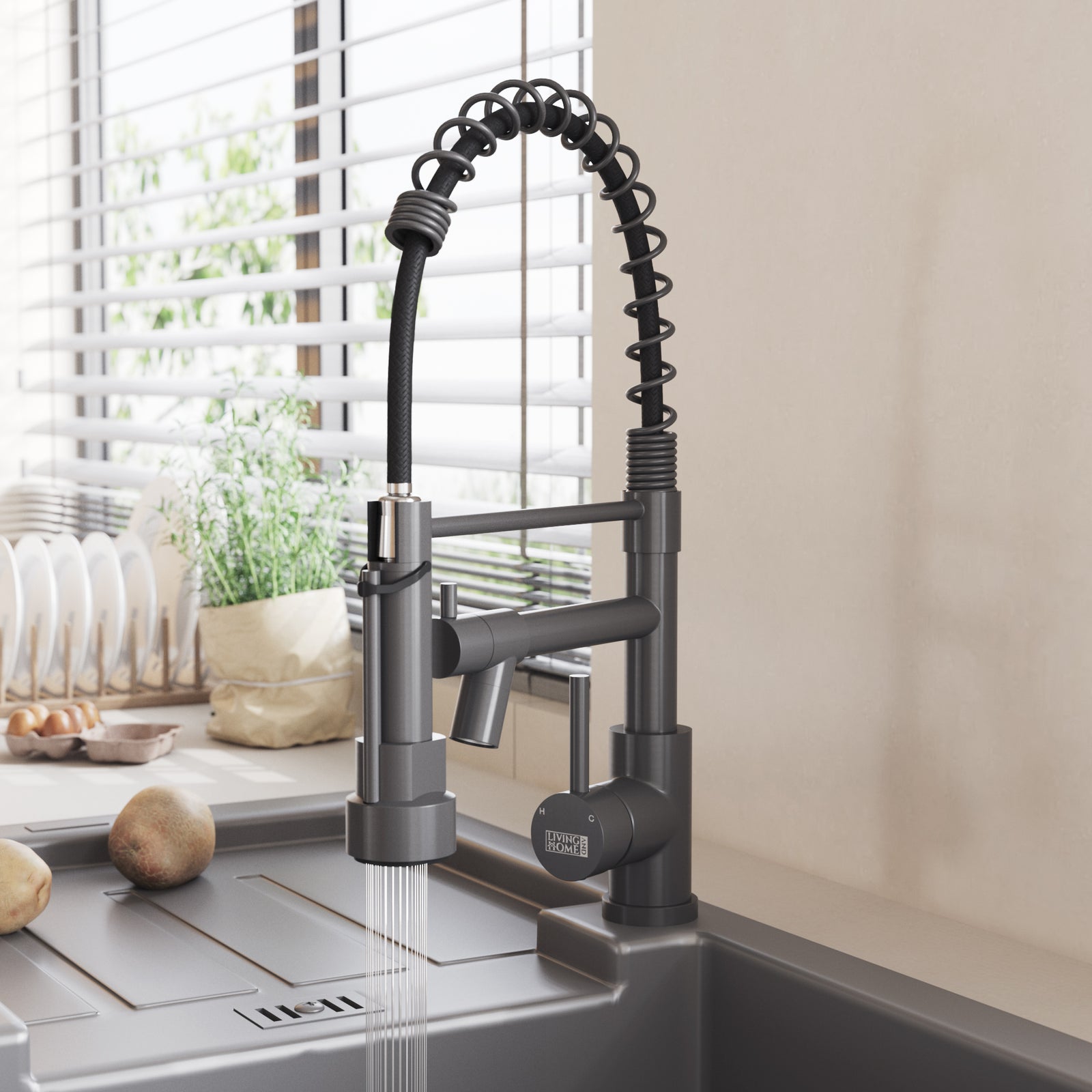 Stainless Steel Kitchen Faucet With Pull Down Spring Spout And Pot Filler | Grey