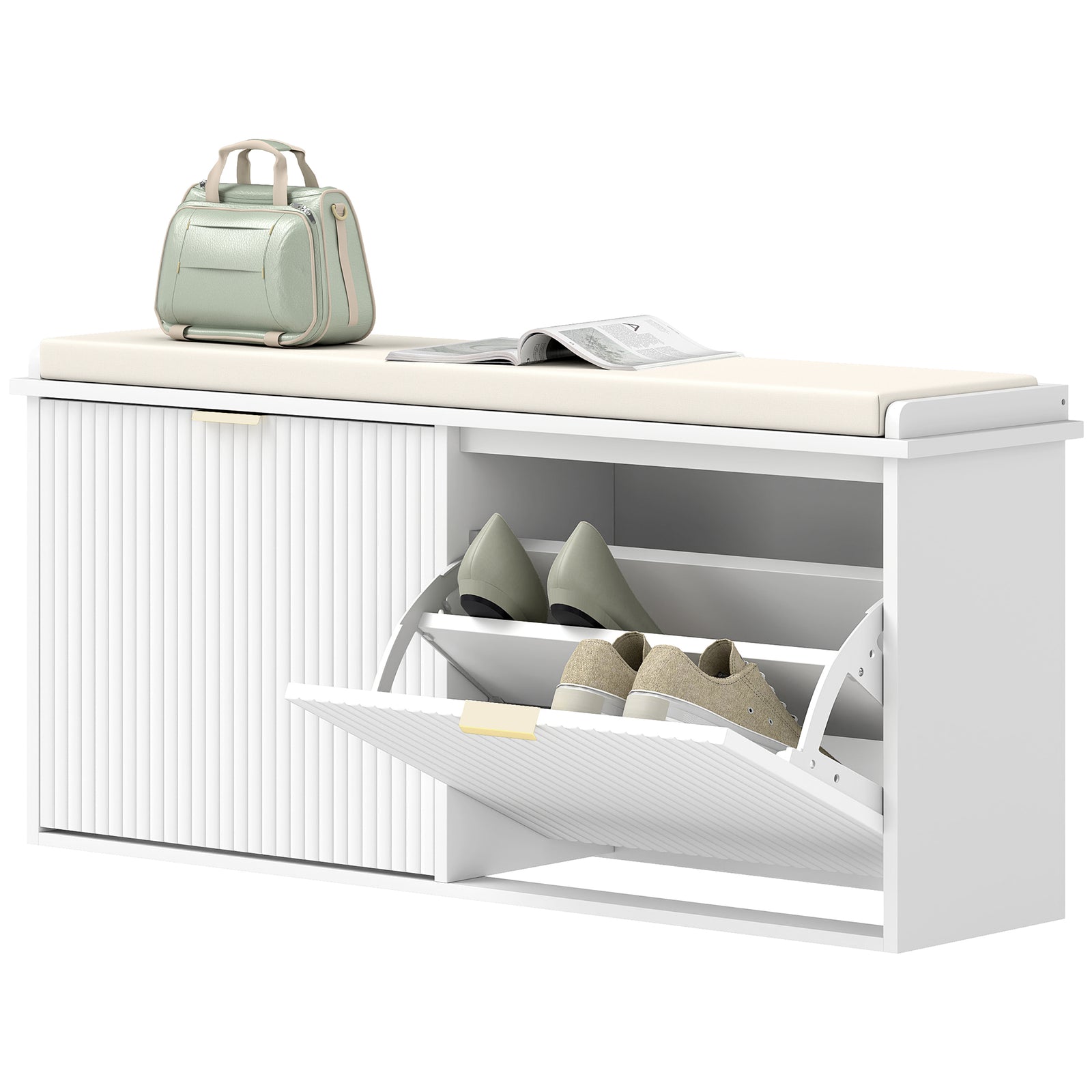 Shoe Storage Bench With Cushion And Flip-drawer | Large | White