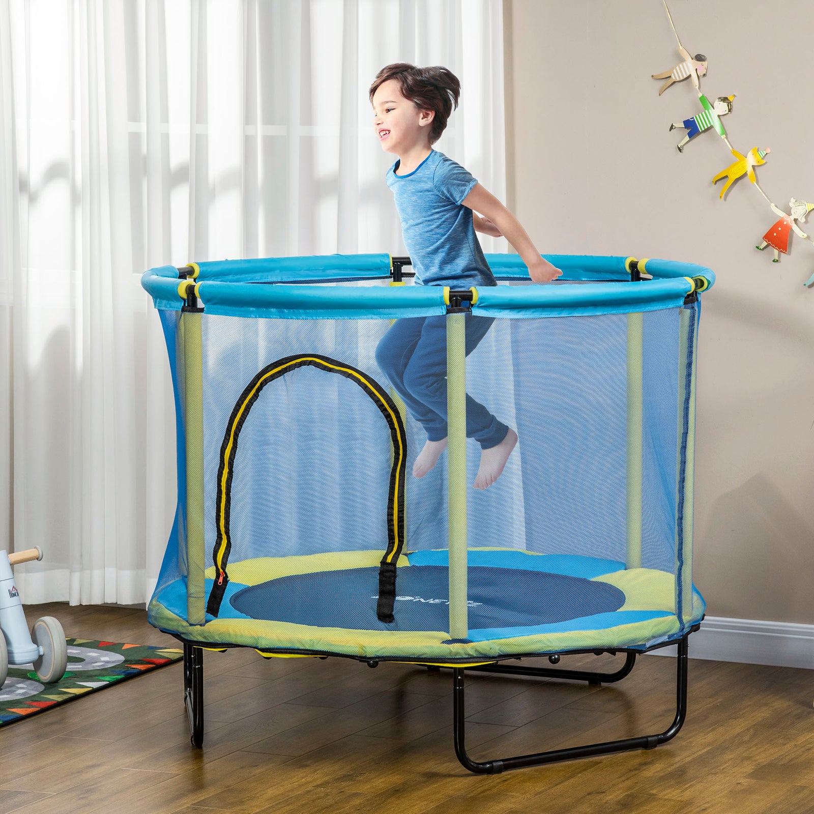55" Kids Trampoline With Enclosure Net For Toddler 1-6 Years Blue