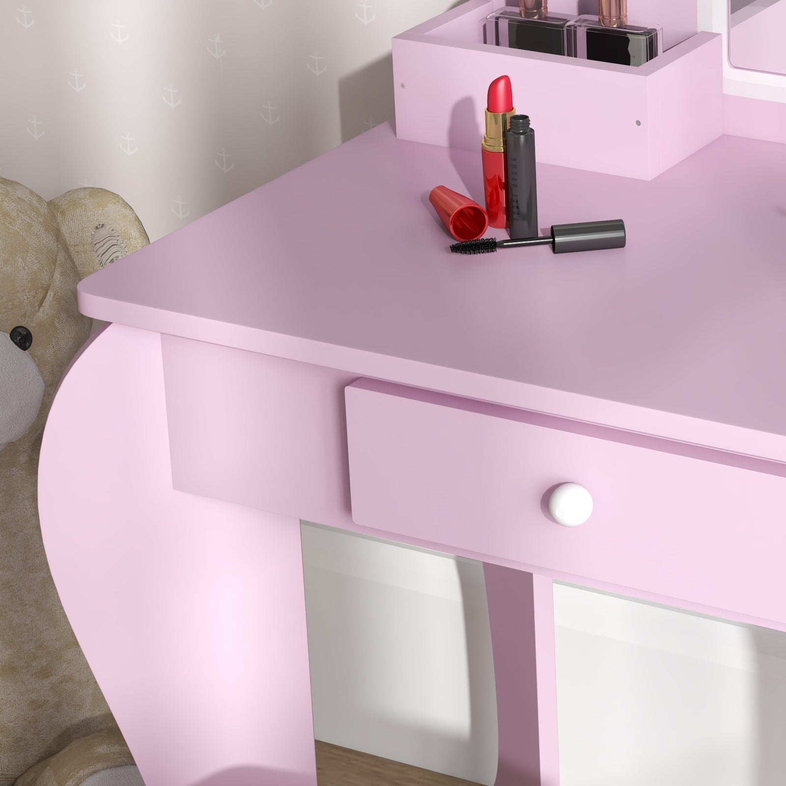 Dressing Table With Mirror And Stool, Drawer, Storage Boxes, Cloud Design | Pink