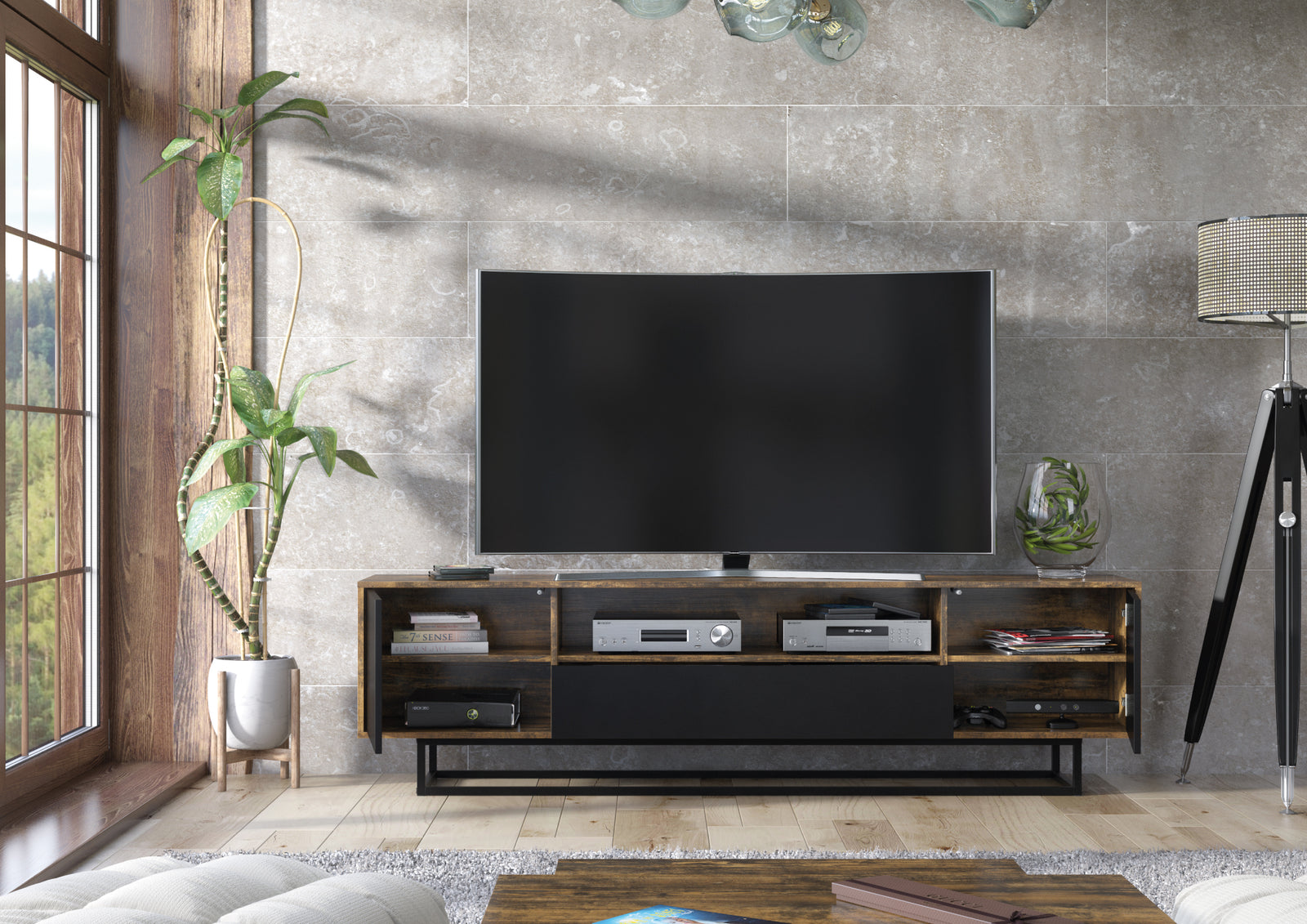 Rift Tv Unit 200cm - Oak / Rustic | Dark Brown