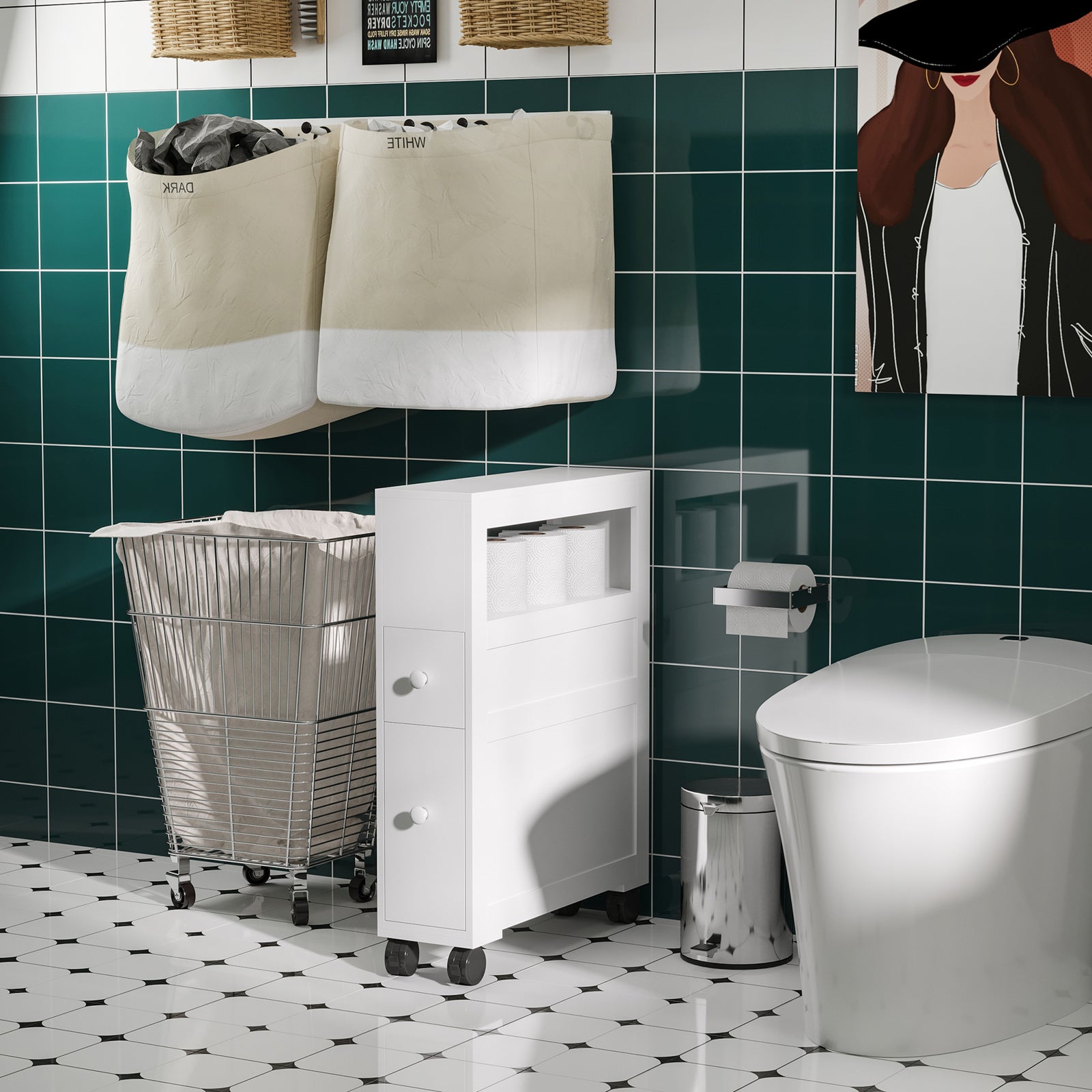 Narrow Bathroom Storage Unit 2 Drawers Open Top 4 Wheels