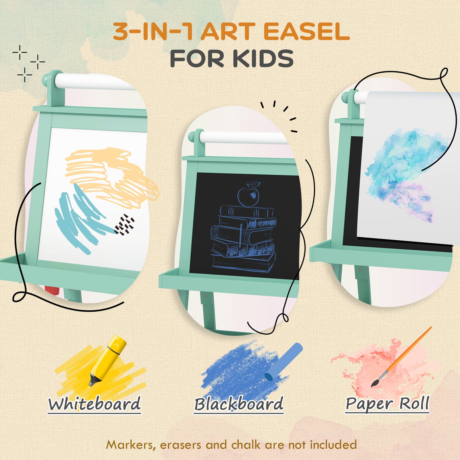 Double-sided Art Easel For Kids W/ Paper Roll, Storage Baskets | Green