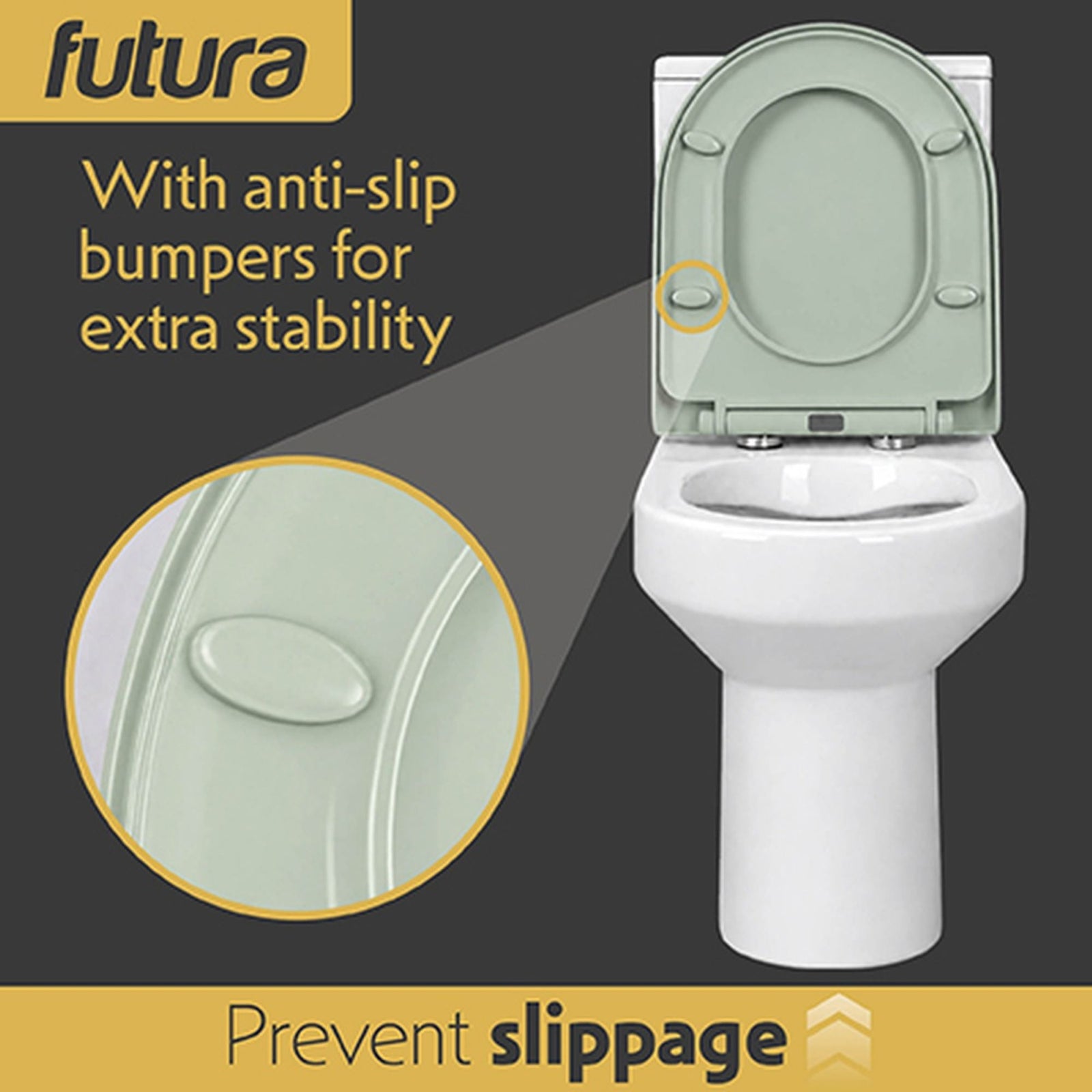 Toilet Seat Soft Close D Shape, Premium Thermoplastic, Quick Release, Top & Bottom Fixings | Sage Green