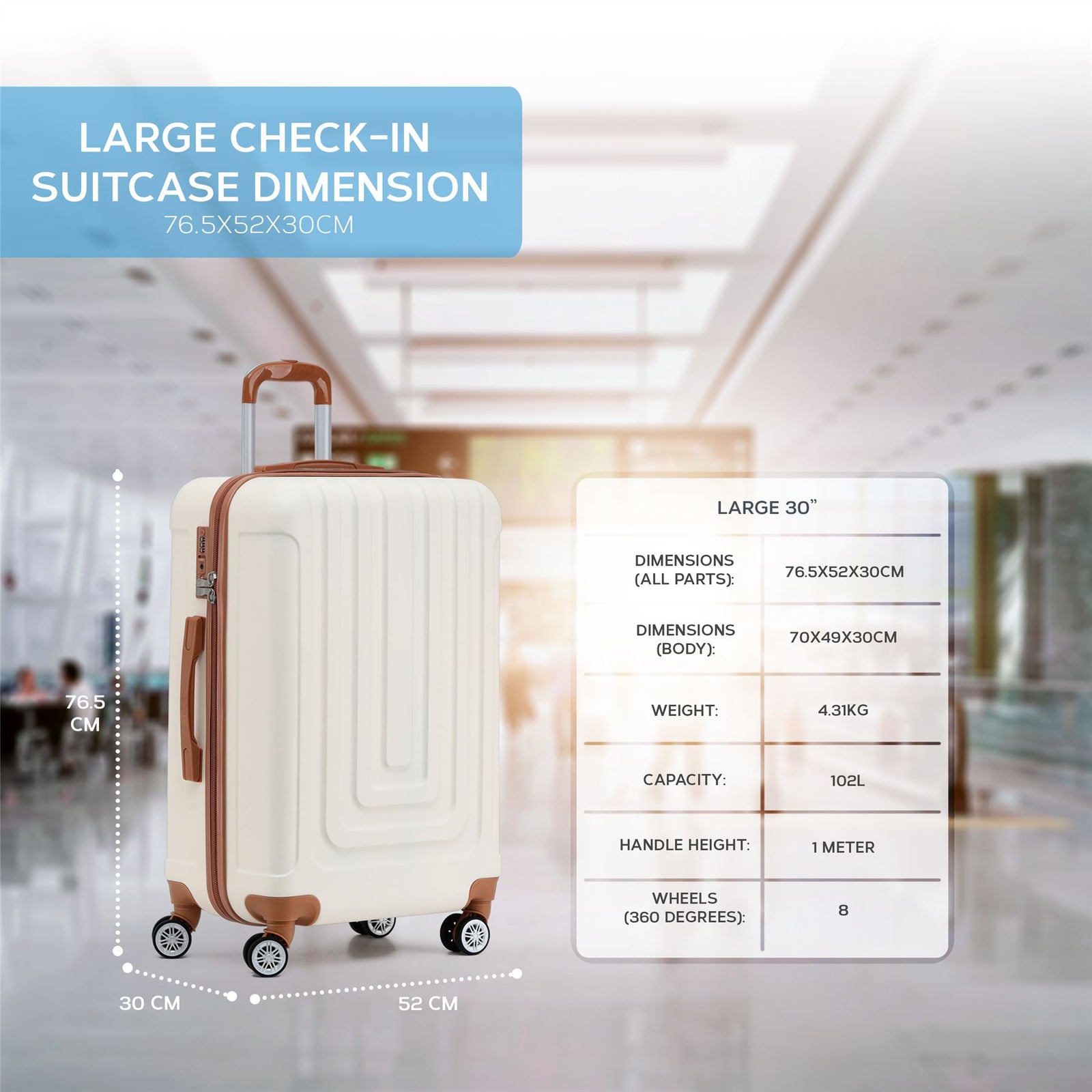Large 30" Hard Shell Check In Suitcase 8 Spinner Wheels Hold Luggage | Large | Cream