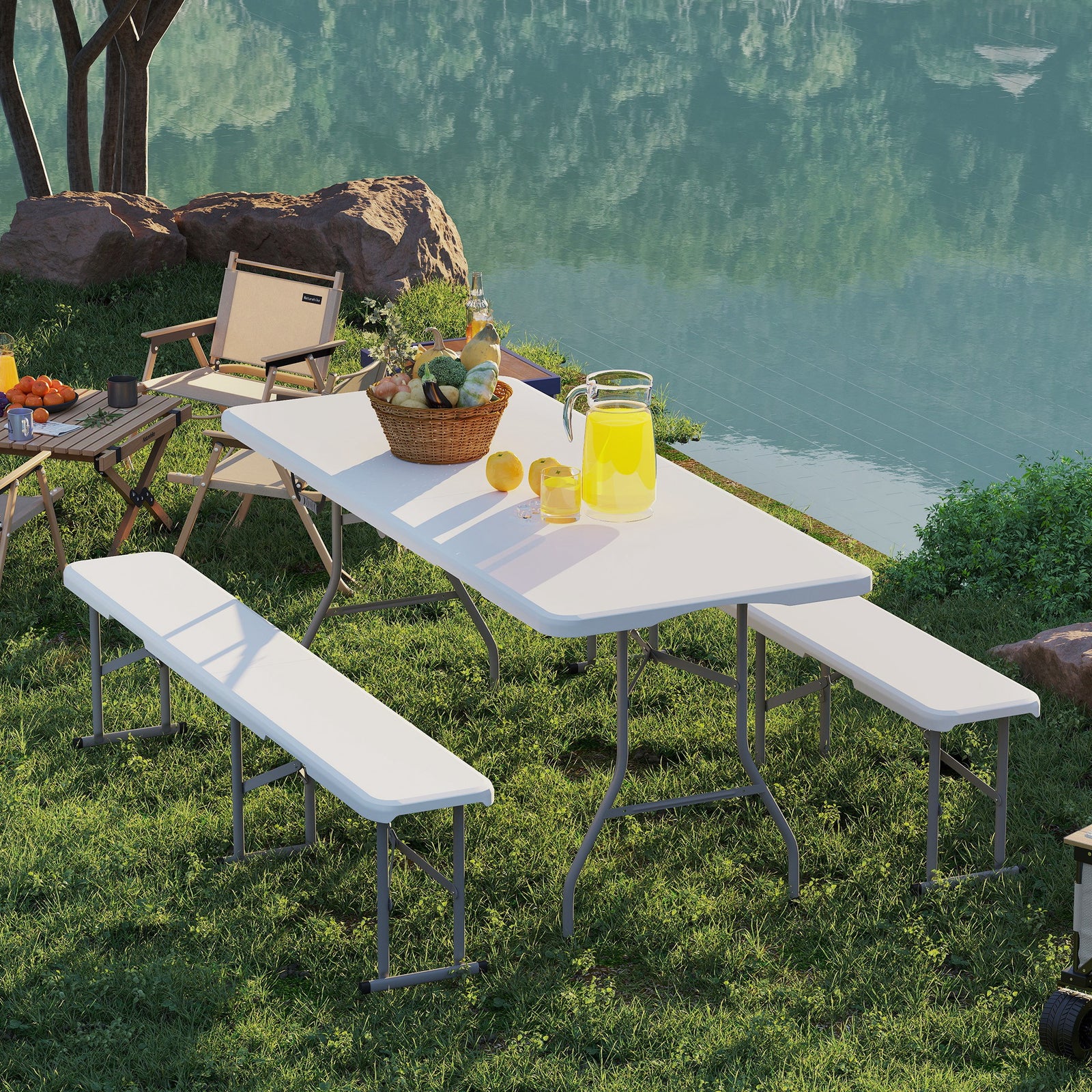 3 Piece Folding Picnic Table And Bench Set W/ Handles