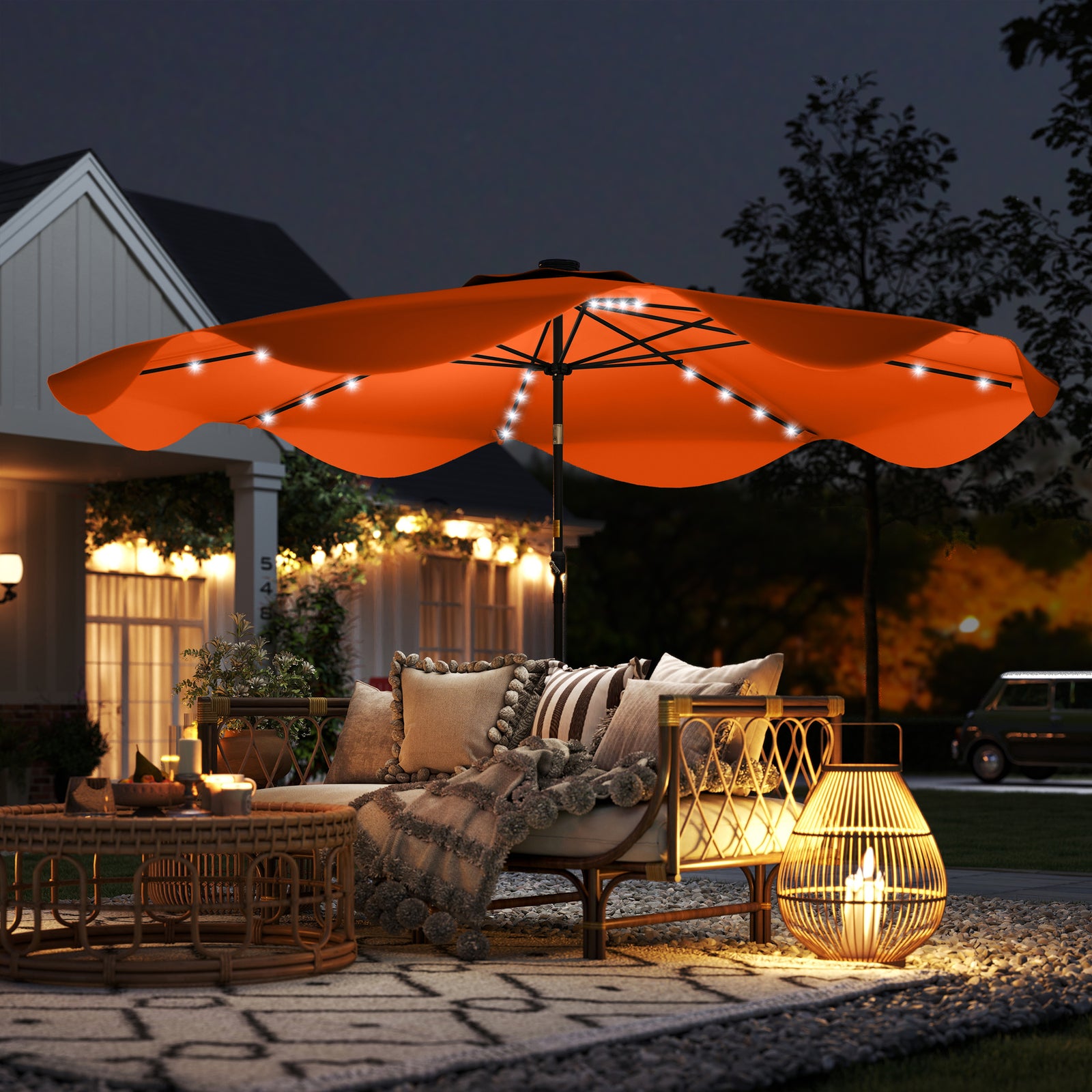 Solar Garden Parasol W/ Led, Tilt | Orange