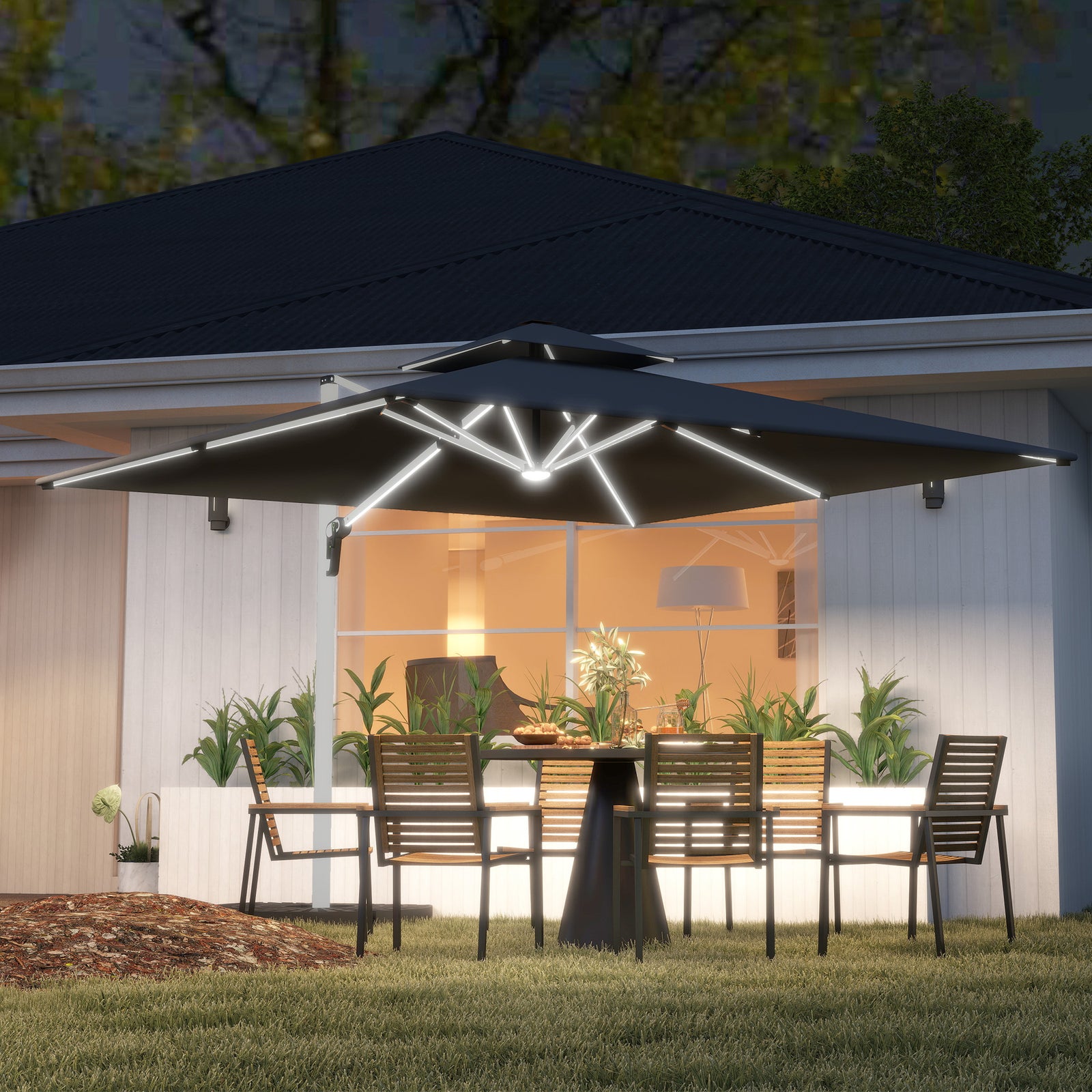 3m Garden Cantilever Parasol, Solar Led Lights