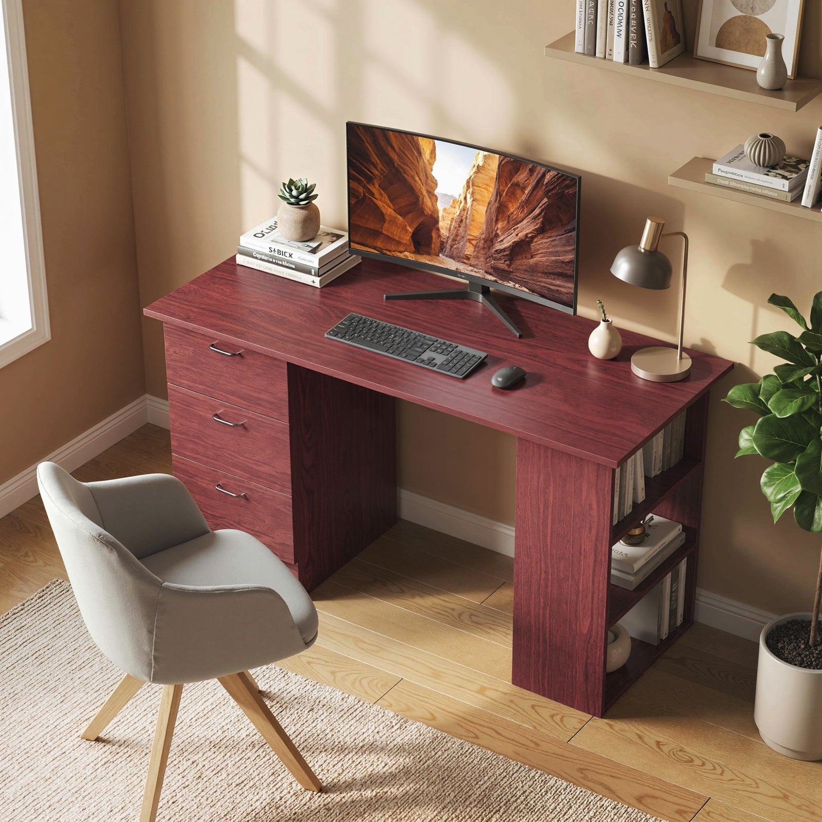 120cm Pc Table Workstation Computer Desk W/ Drawers, 3 Shelves | Dark Brown