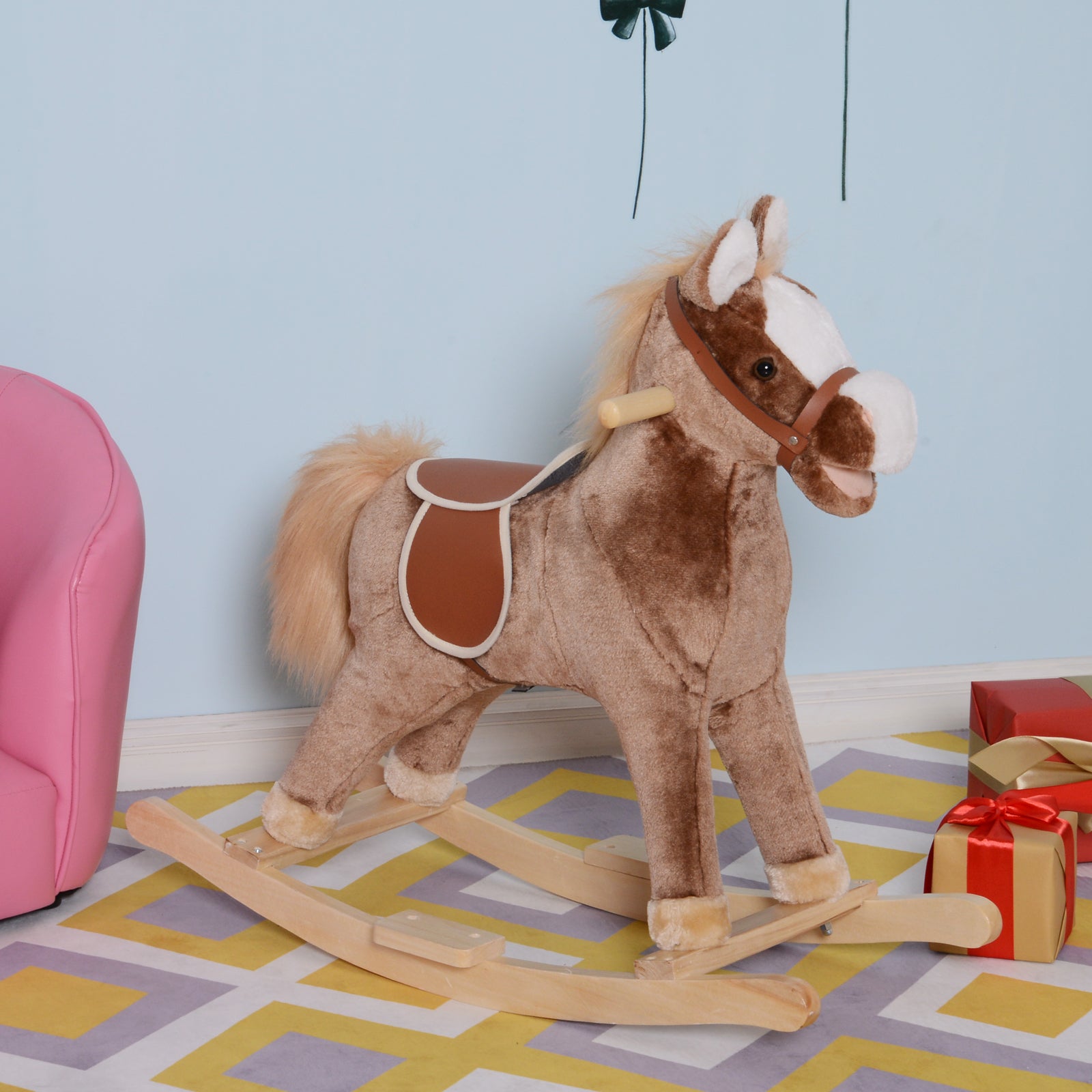 Kids Rocking Horse Wooden Plush Children Ride On Toy Rocker Baby Gift Age