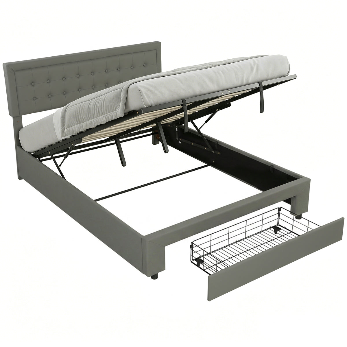 HOMCOM Pu Leather King Bed Frame With Storage And Adjustable Headboard, Grey