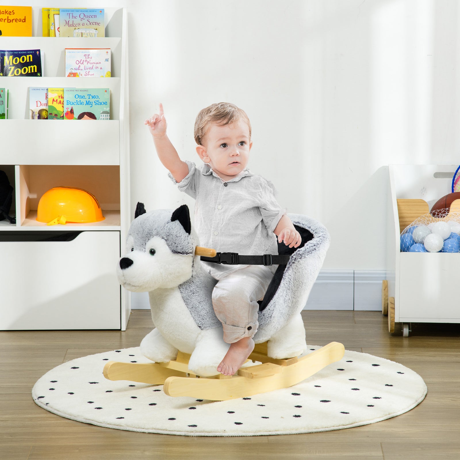 Husky-shaped Baby Rocking Horse With Seatbelt, For Ages 18-36 Months