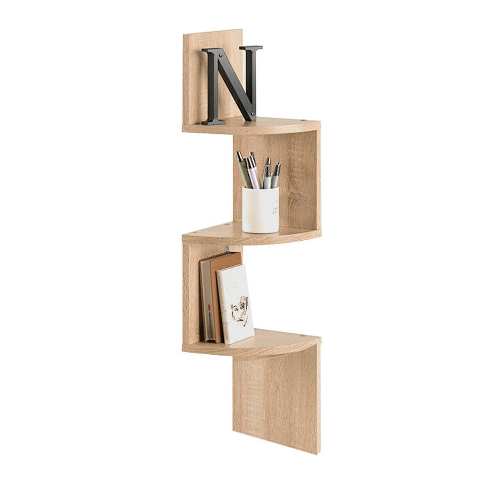 3/5-tier Wooden Floating Corner Shelf Wall Mounted Tiered Zigzag Corner Shelves | Small | Brown