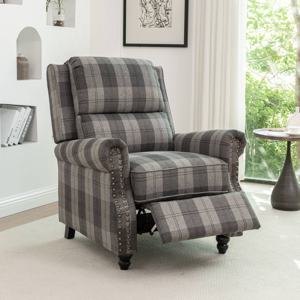 Modern Linen Upholstered Push Back Recliner Armchair With Adjustable Backrest & Hidden Footrest | Grey