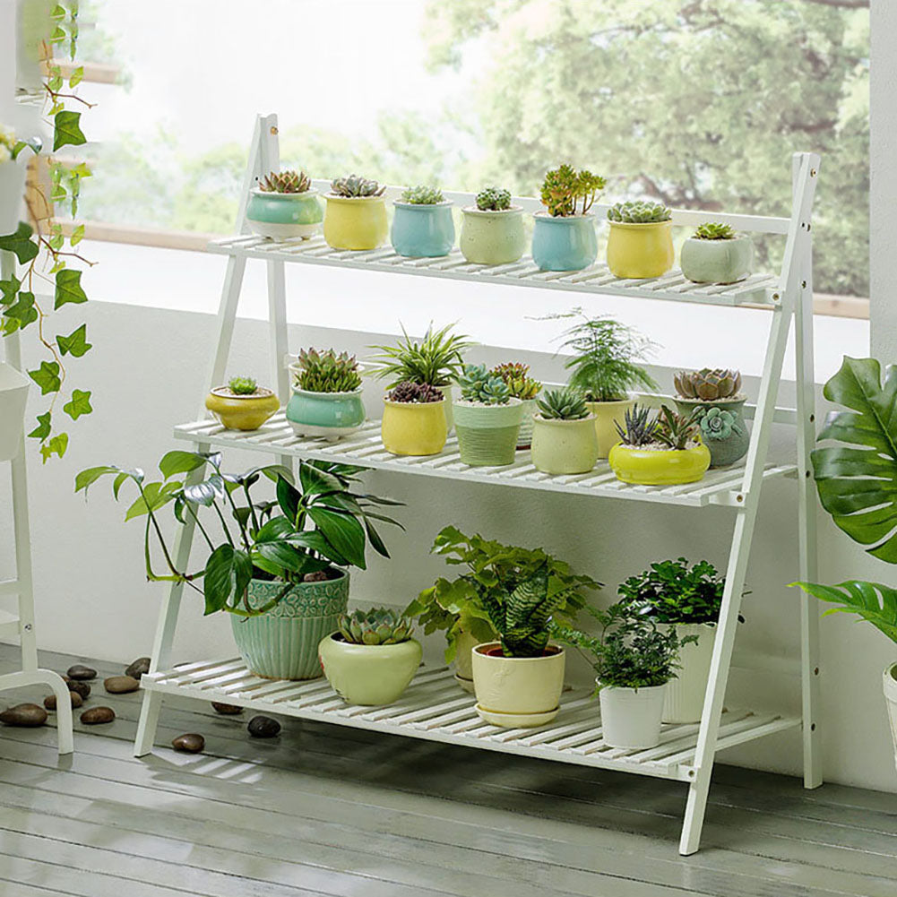 3 Tier Foldable Wooden Plant Stand Garden & Balcony Flower Shelf 96cm Multipurpose Plant Display Rack | White