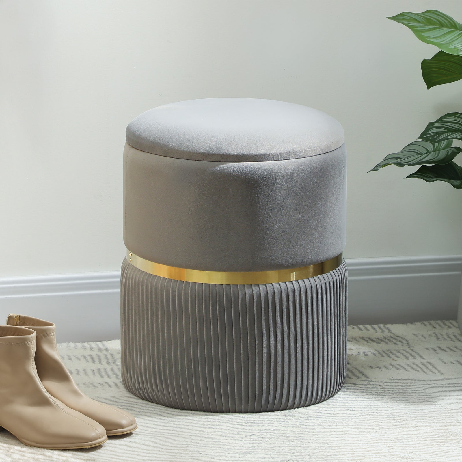 Round Pouffe Storage Footstool With Hidden Space | Light Grey