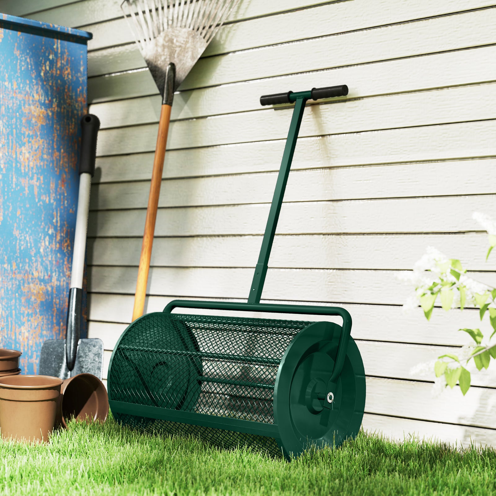 Compost Spreader, 24" Garden Spreader W/ Height Adjustable Handle