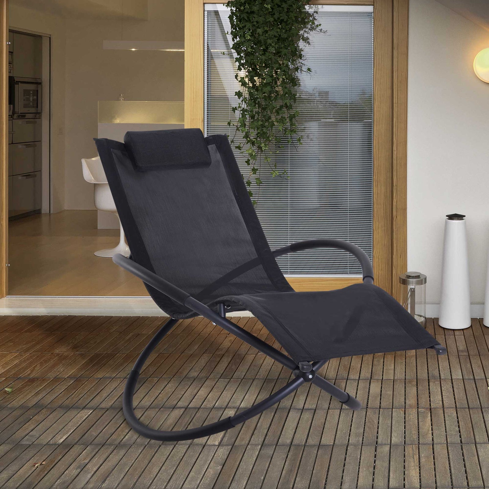 Outdoor Orbital Lounger Rock Chair With Pillow | Black