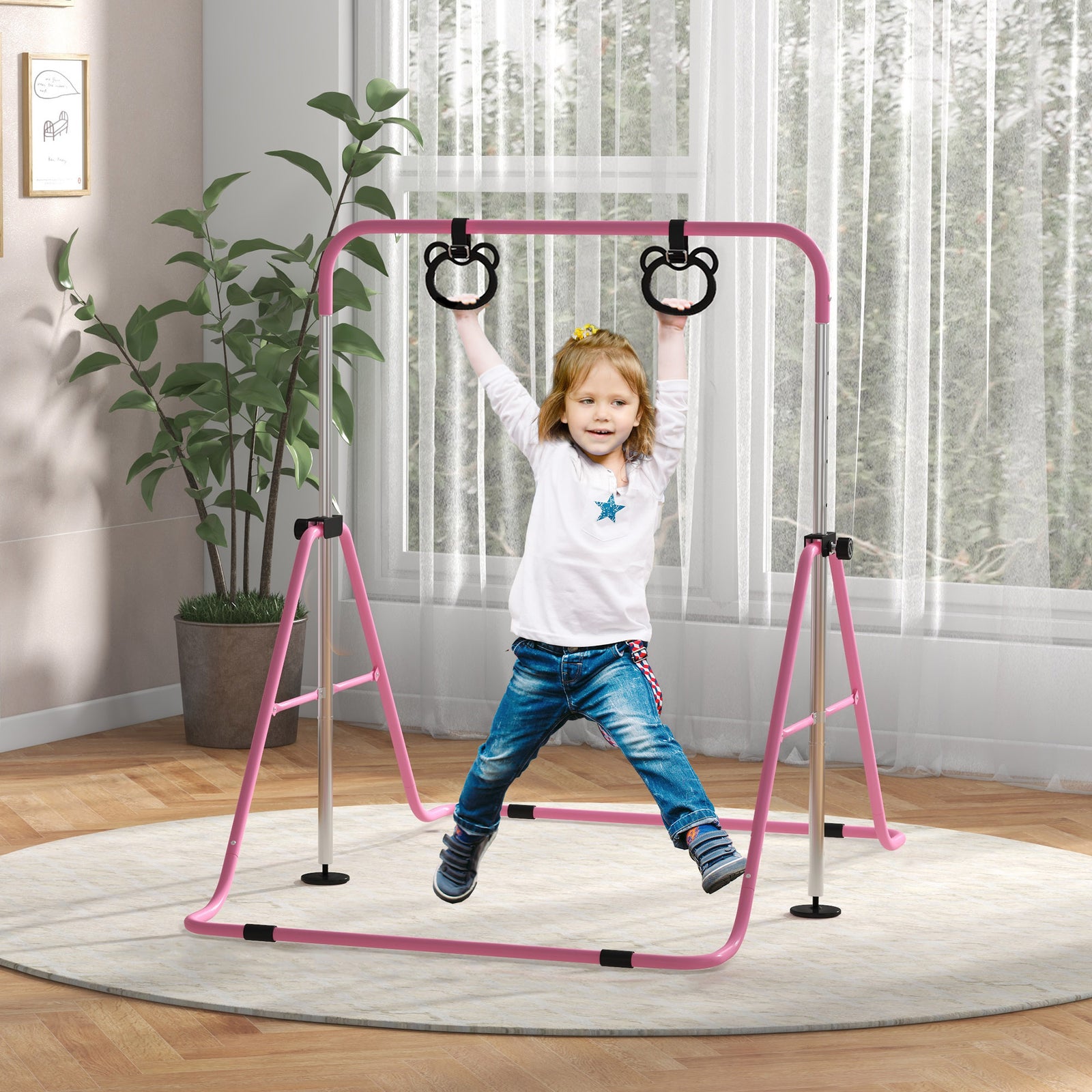 Adjustable Height Foldable Kids Gymnastics Bar With Non-slip Mats | Pink