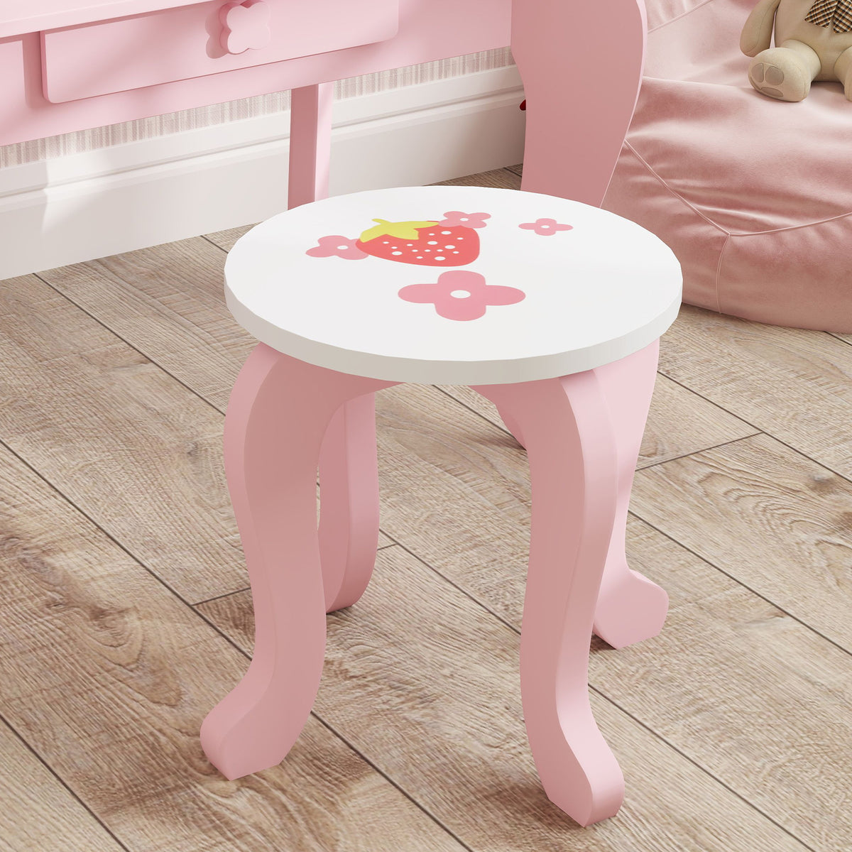 Kids Dressing Table Set, Strawberry Theme Vanity Table With Stool, Mirror Drawer