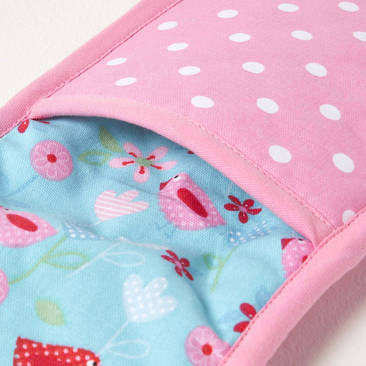Birds And Flowers Pink Cotton Double Oven Glove