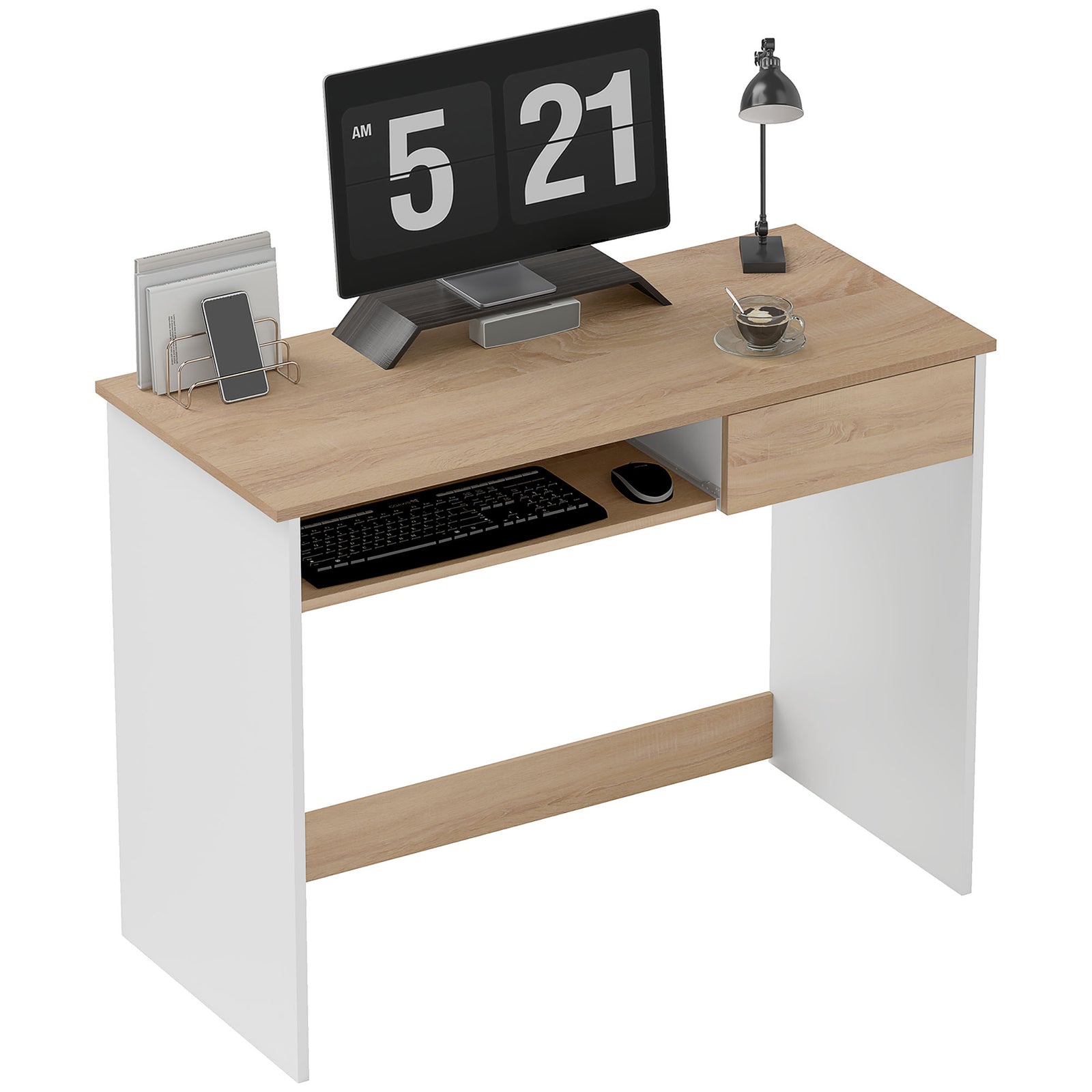 Compact Computer Table With Keyboard Tray And Drawer | Oak