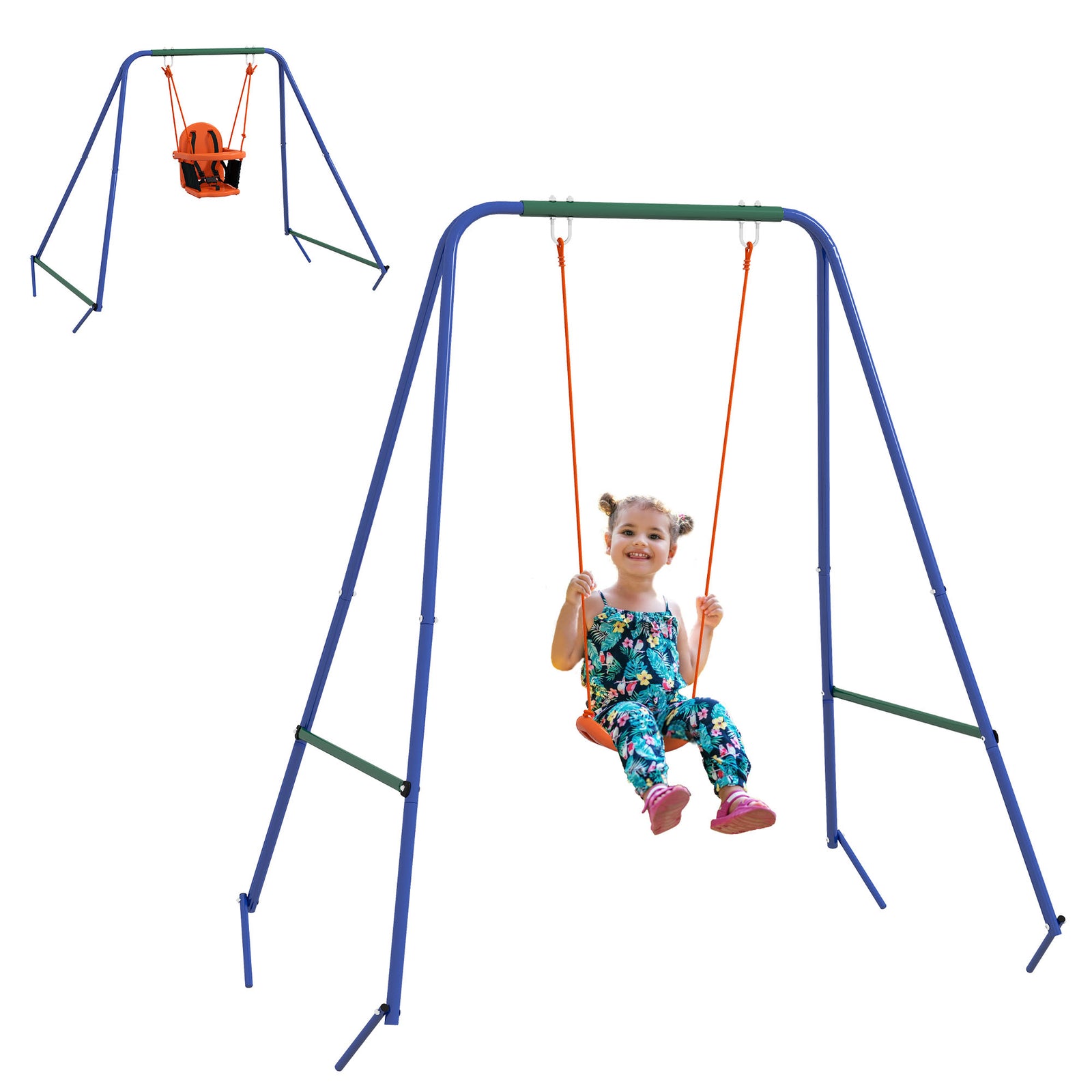Garden Swing Set For Toddlers W/ Safety Belt - Orange And Blue