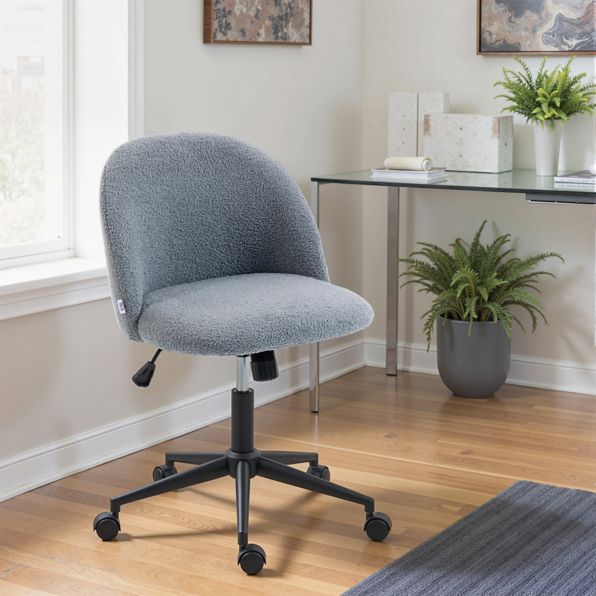 Desk Chair, Fluffy Swivel Office Chair For Makeup Vanity | Charcoal Grey