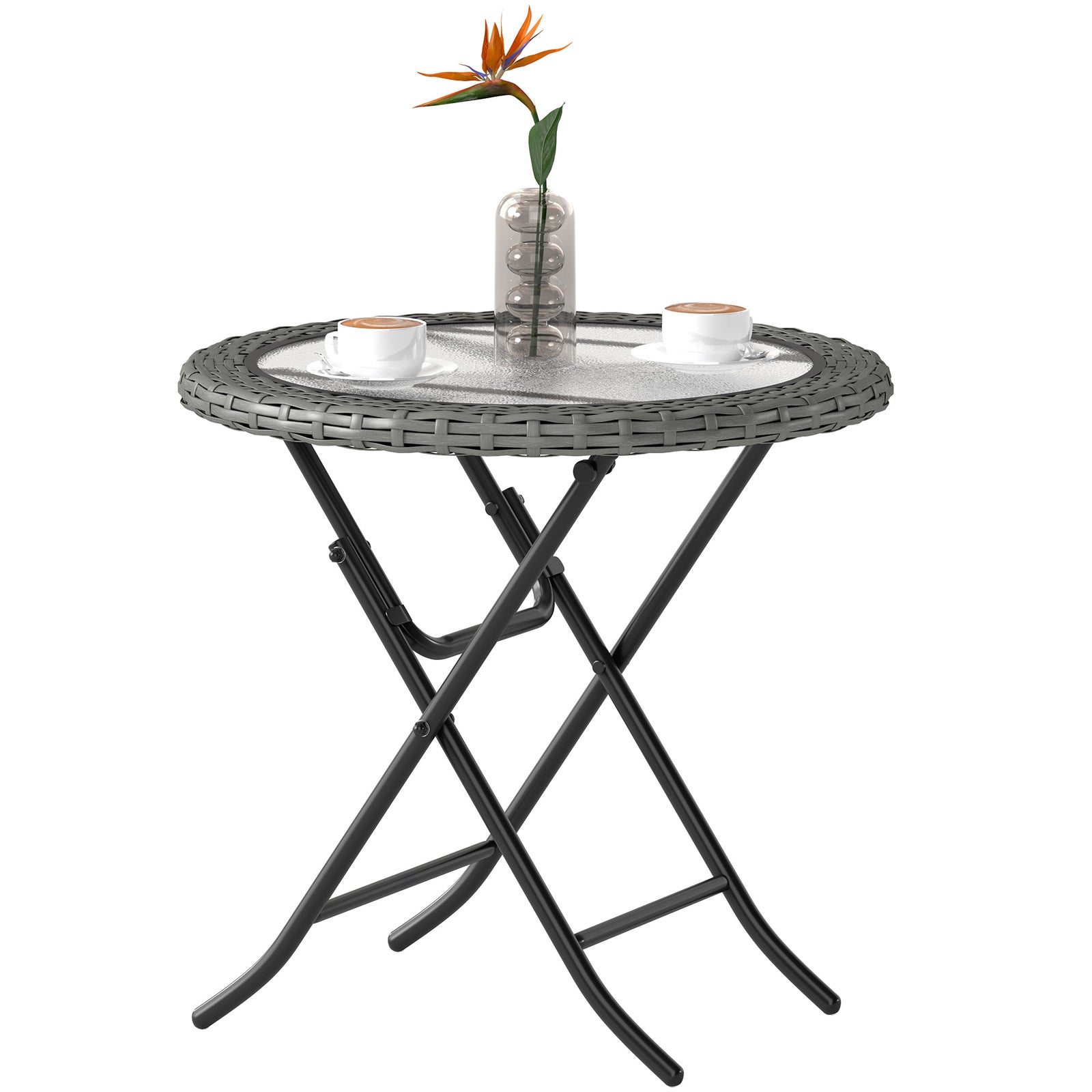 Folding Round Rattan Table W/ Tempered Glass Top For Patio