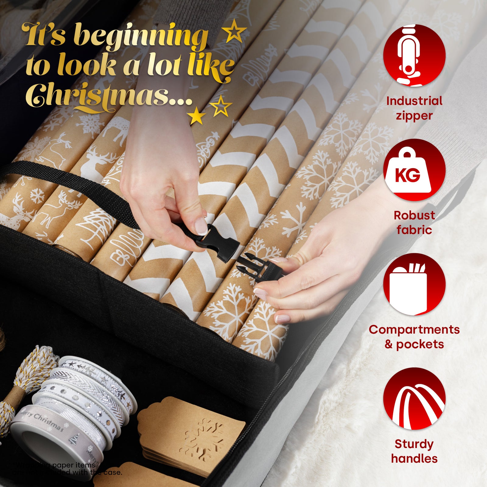 Fabric Storage Bag For Wrapping Paper Grey With Zip Closure