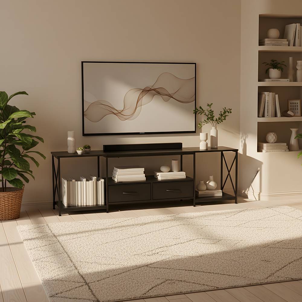 Modern Tv Stand With Fabric Drawers, Spacious Storage Entertainment Center | Black