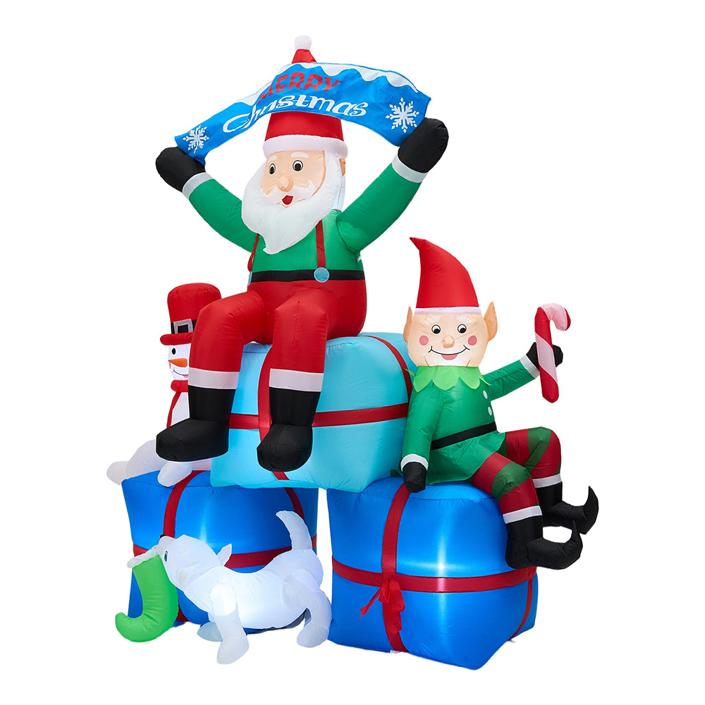 2.2m H Inflatable Santa, Snowman & Elf On Gift Boxes – Outdoor Christmas Decoration With Led Lights, Air Blower & Accessories